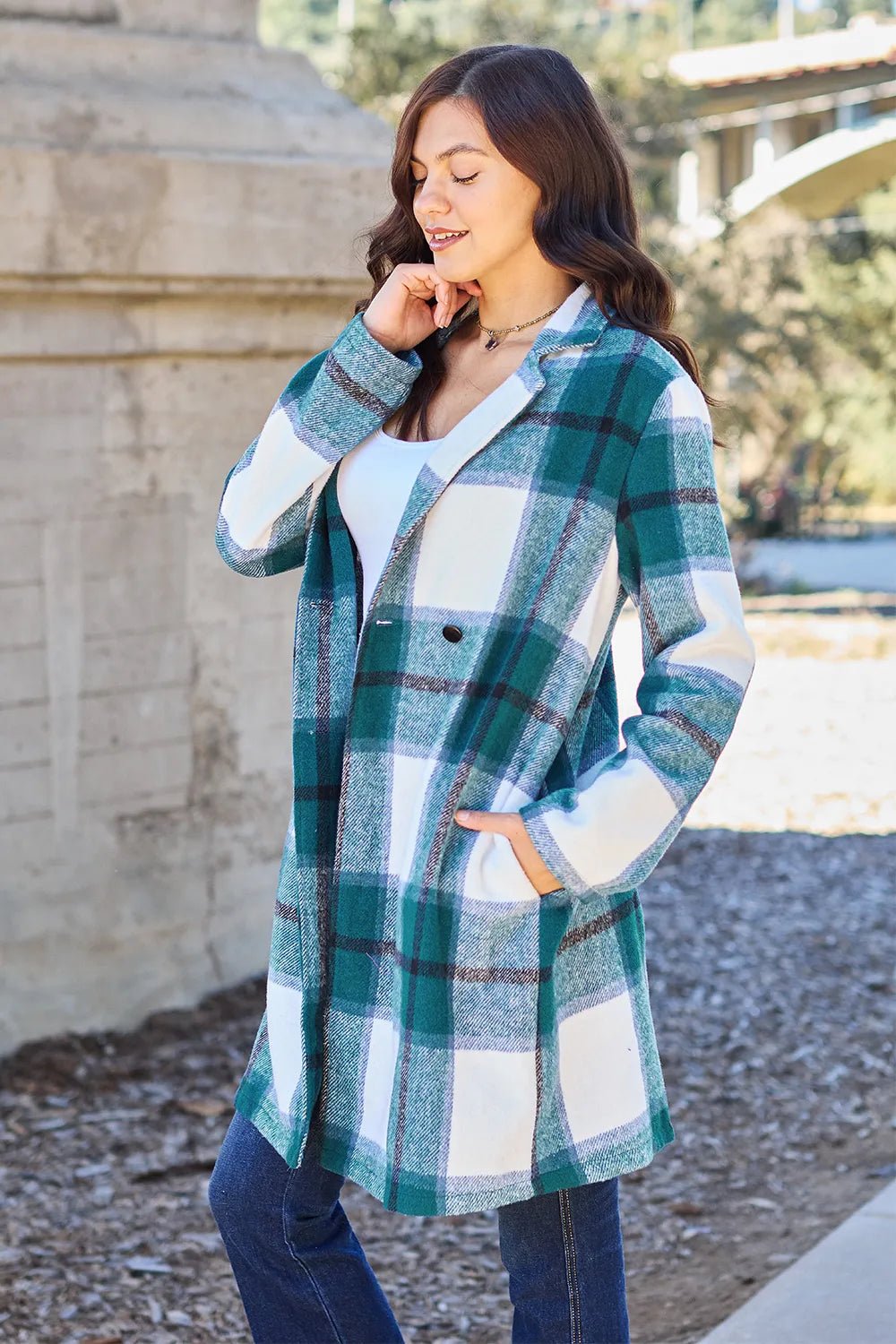 Double Take Full Size Plaid Button Up Lapel Collar Coat - Nikki &amp; Co. Boutique