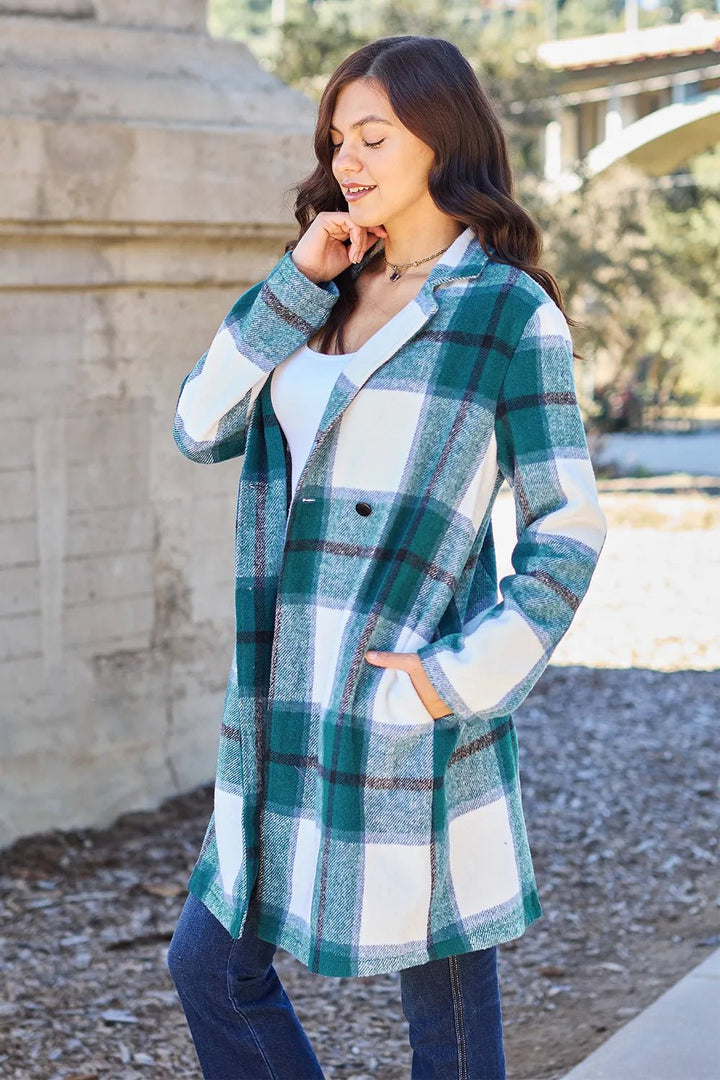 Double Take Full Size Plaid Button Up Lapel Collar Coat - Nikki &amp; Co. Boutique