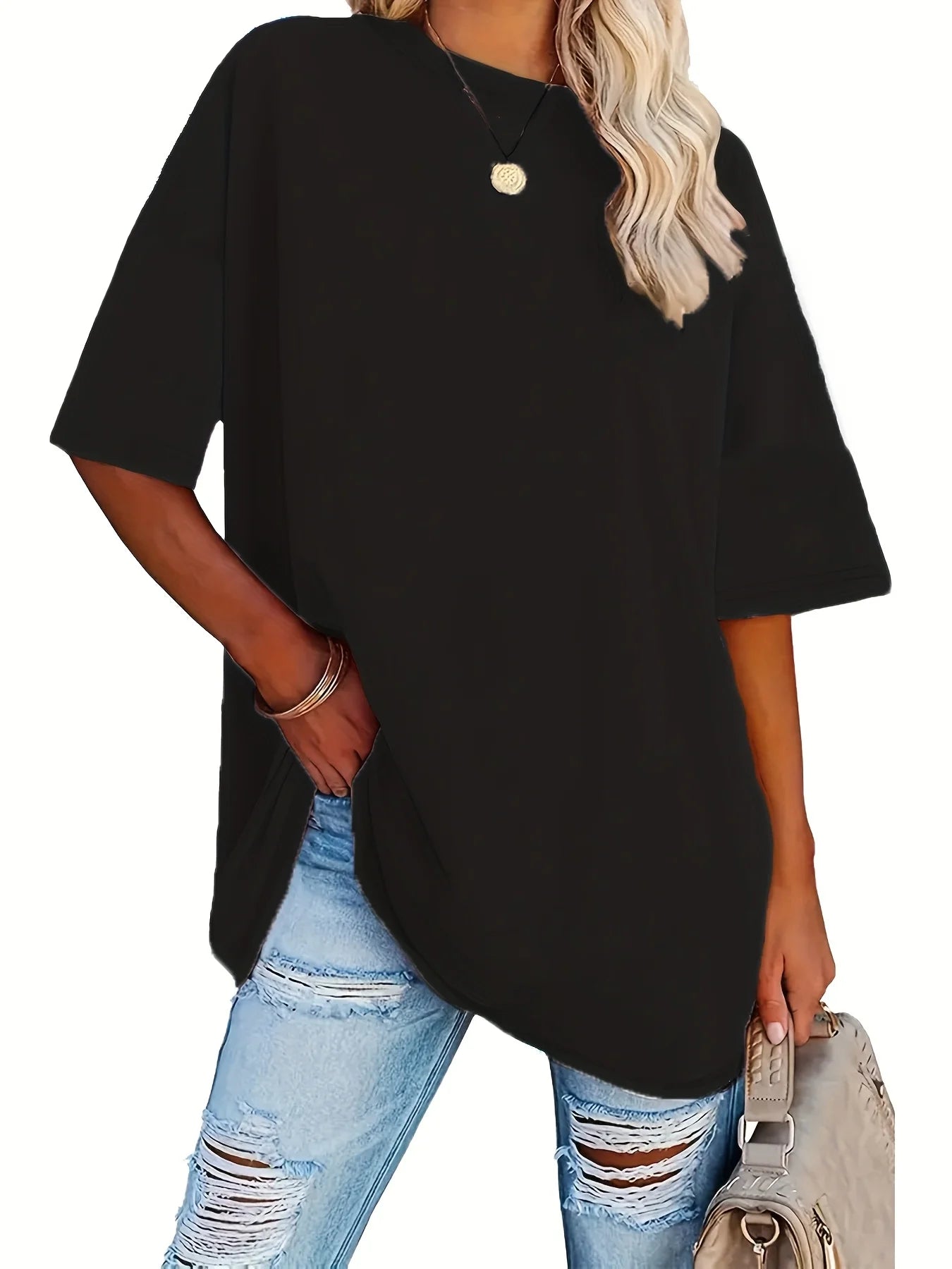 Women's Plus Size Crew Neck Solid T-Shirt Summer Female Basic Soft Tees Women Casual Round Neck Short Sleeved Tops