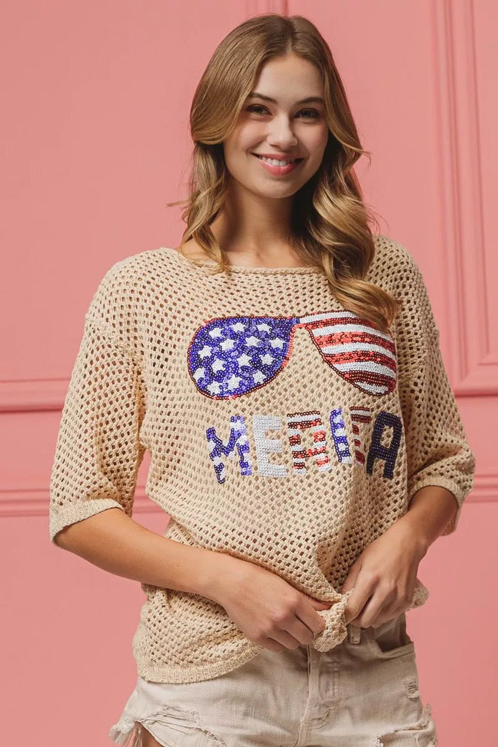 BiBi Sequin American Flag Sunglasses Knit Cover Up | Nikki &amp; Co. Boutique