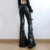 BIIKPIIK Sexy Lace Patchwork Leather Pants Gothic Belts Skinny PU Flare Pants Punk Dark Black Trousers Y2K Retro Autumn Bottoms