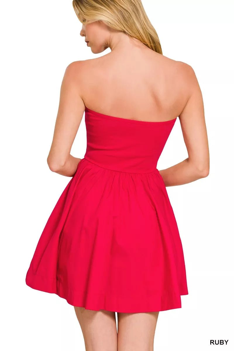 Zenana Combined Knit Tube Top Flare Mini Dress in Ruby - Nikki &amp; Co. Boutique
