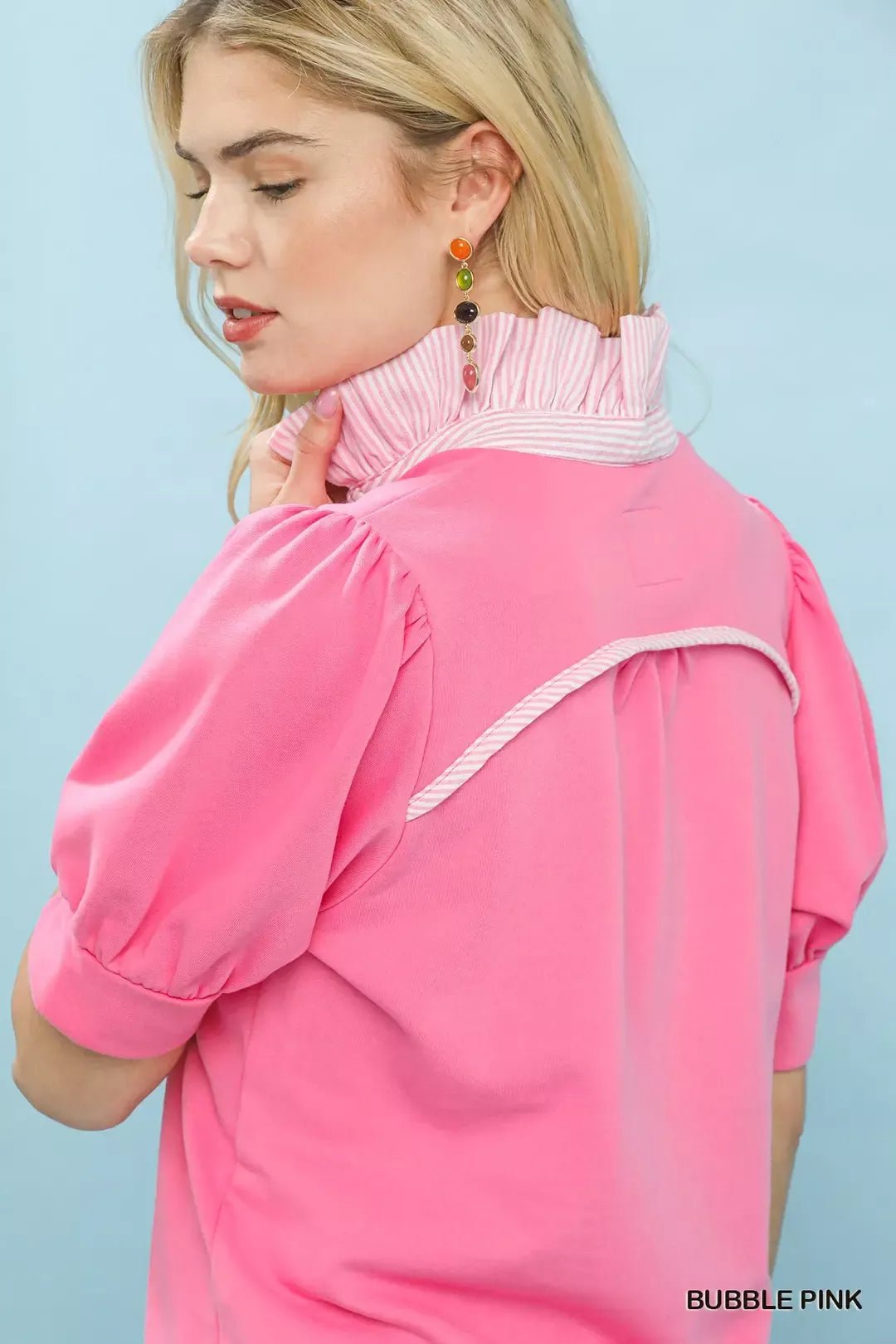 Umgee Striped Collar Popover Top in Bubble Pink - Nikki &amp; Co. Boutique