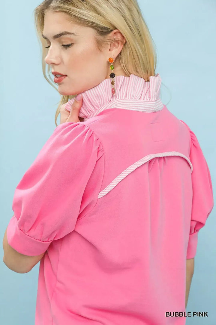 Umgee Striped Collar Popover Top in Bubble Pink - Nikki &amp; Co. Boutique