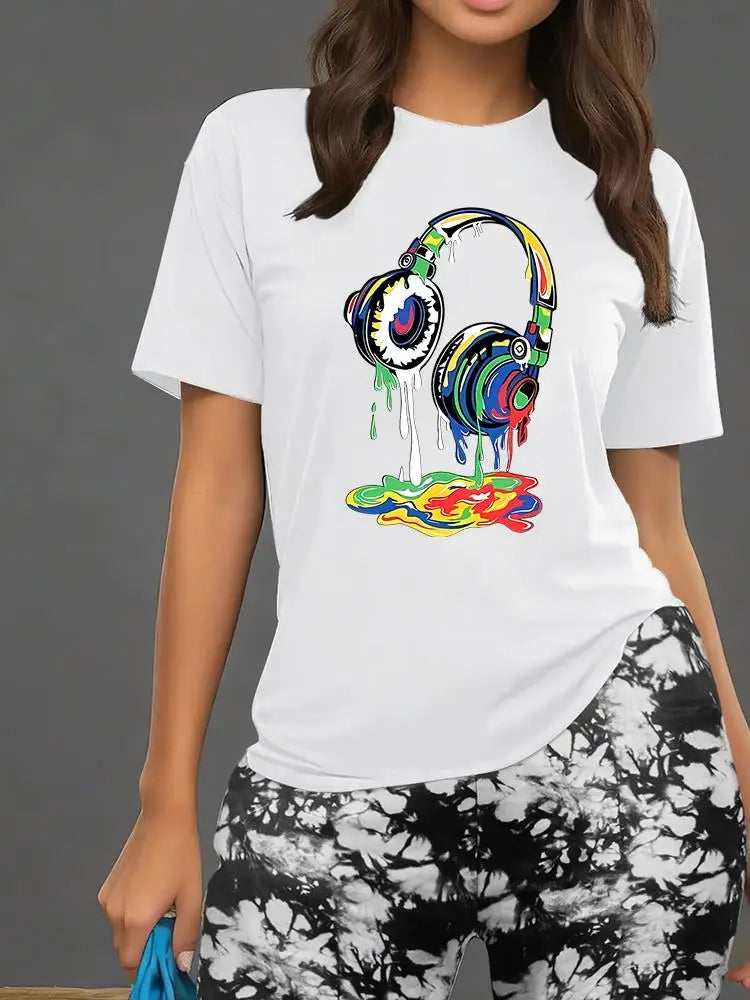 Color Earphones Print Women T Shirts Two Piece Set Fashion Novel Floral Shorts Sets Summer Breathable Cotton Shirt Shorts Female