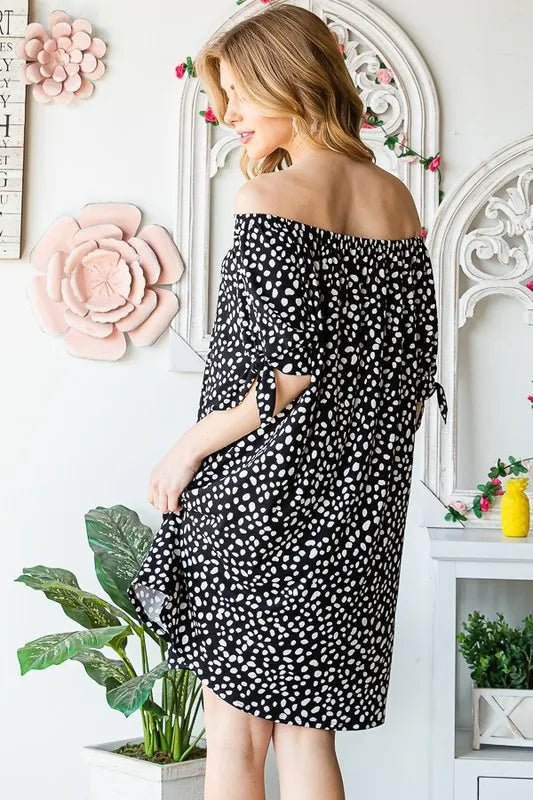 Heimish Full Size Short Sleeve Off Shoulder Animal Mini Dress Plus Size - Nikki &amp; Co. Boutique
