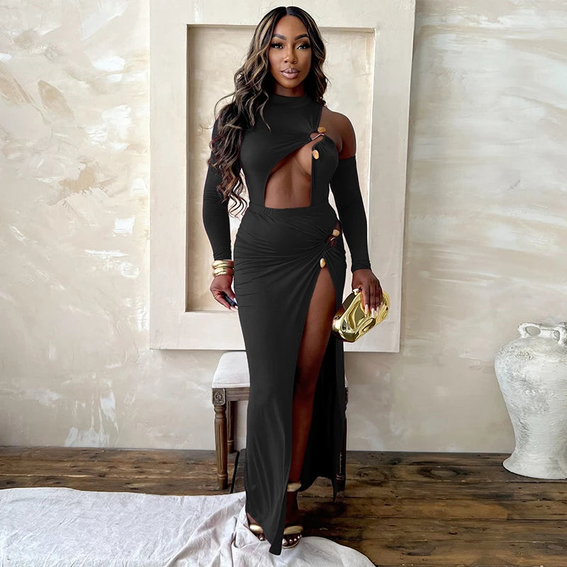 CUTENOVA Autumn New Single Shoulder Half High Neck Long Sleeve Sexy Hollow Out Bodysuit + High Split Long Dress Set Elegant