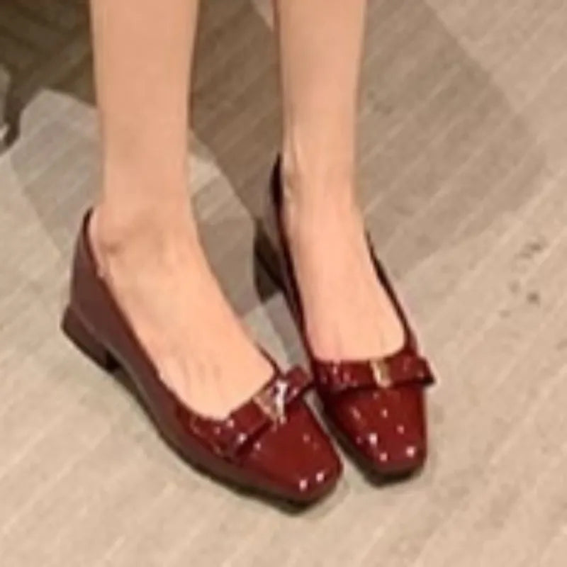 Women's Spring New Fashion Square Toe Designer Patent Leather High Heels Elegant Dress Party Bow Low Top Shoes  35--40  Size