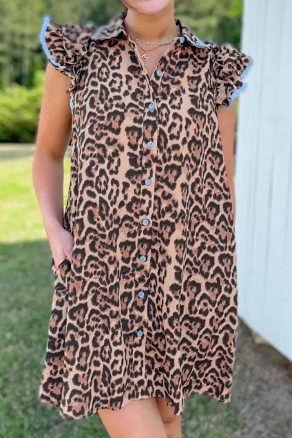 Leopard Print Lace Trim Shirt Collar Button - Down Mini Dress - Nikki &amp; Co. Boutique