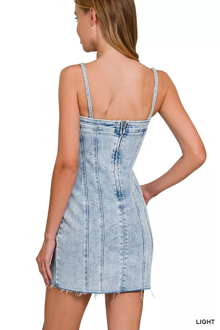 Zenana Spaghetti Strap Exposed Seam Light-Wash Dress | Nikki &amp; Co. Boutique