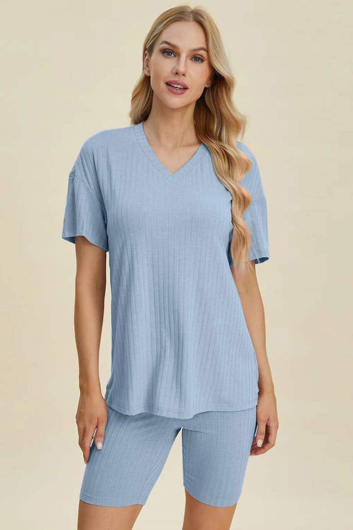 Basic Bae Full Size Ribbed V-Neck Shorts Sleeve Tops and Shorts Sets | Nikki &amp; Co. Boutique