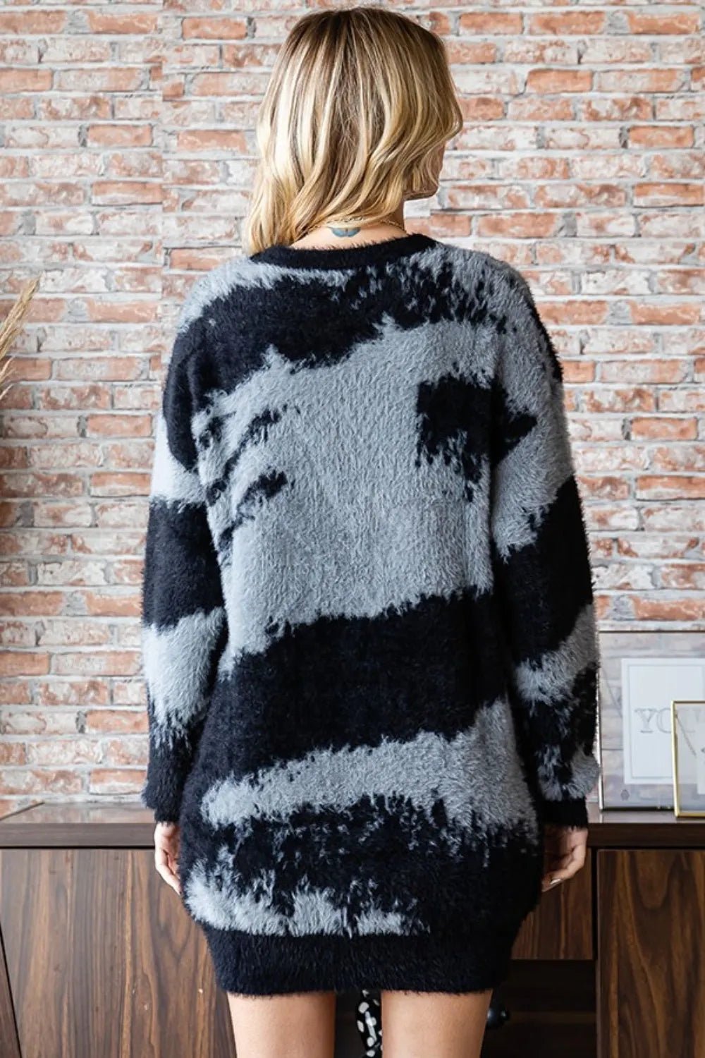 First Love Full Size Abstract Pattern Contrast Feather Yarn Sweater - Nikki &amp; Co. Boutique