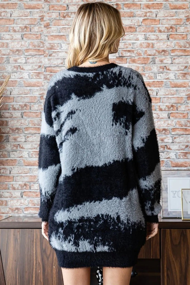 First Love Full Size Abstract Pattern Contrast Feather Yarn Sweater - Nikki &amp; Co. Boutique