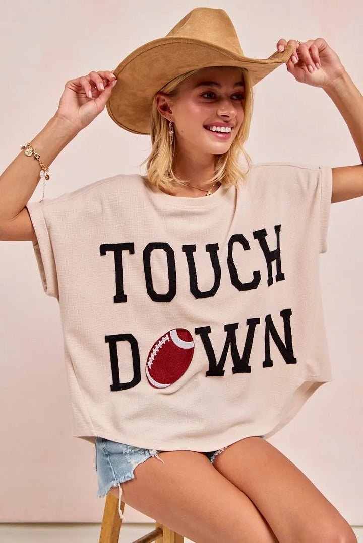 BiBi Touchdown Letter Patch Waffle Knit Top | Beige - Nikki &amp; Co. Boutique