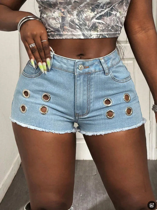 Benuynffy Streetwear Retro Raw Hem Denim Shorts Women's Fashion Summer New Y2K Mid Waist Sexy Club Skinny Jean Hot Pants