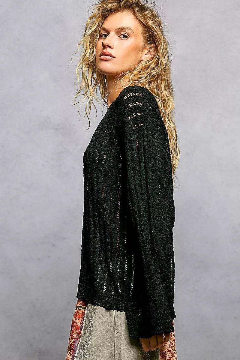 POL Round-Neck Long-Sleeve Open-Weave Sweater | Black - Nikki &amp; Co. Boutique