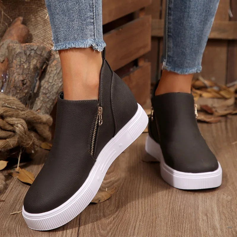 Inside Heightened Single Shoes Autumn New Round Toe Side Zipper Platform Non-Slip Wear-Resistant Flats