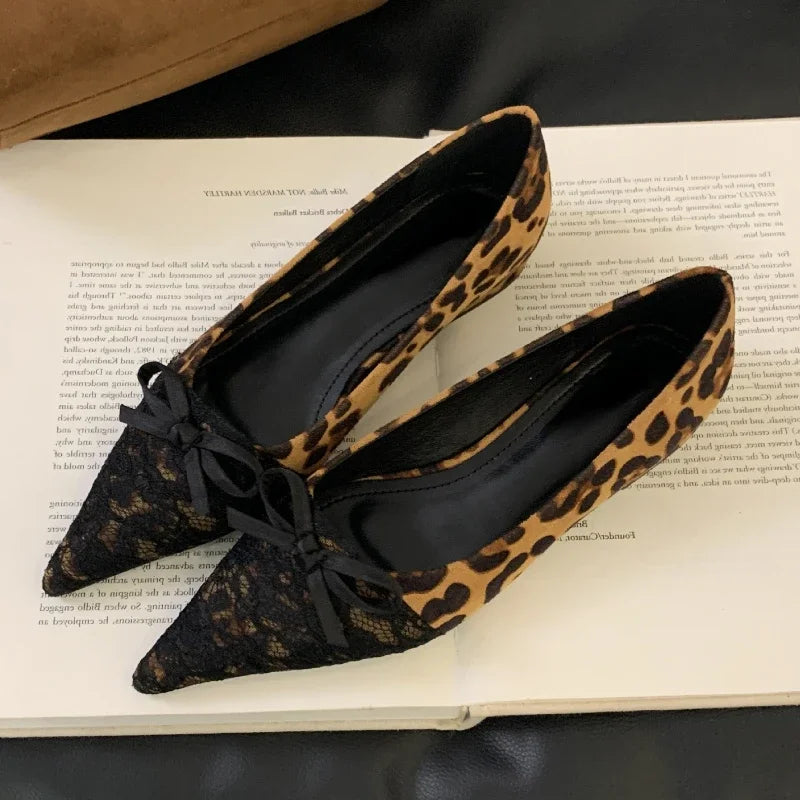 Leopard Print Pointed Toe Lace Bow Mules Shoes Fashion Sexy Elegant Office Women Shoes Autumn Suede Shallow Flat Shoes for Women