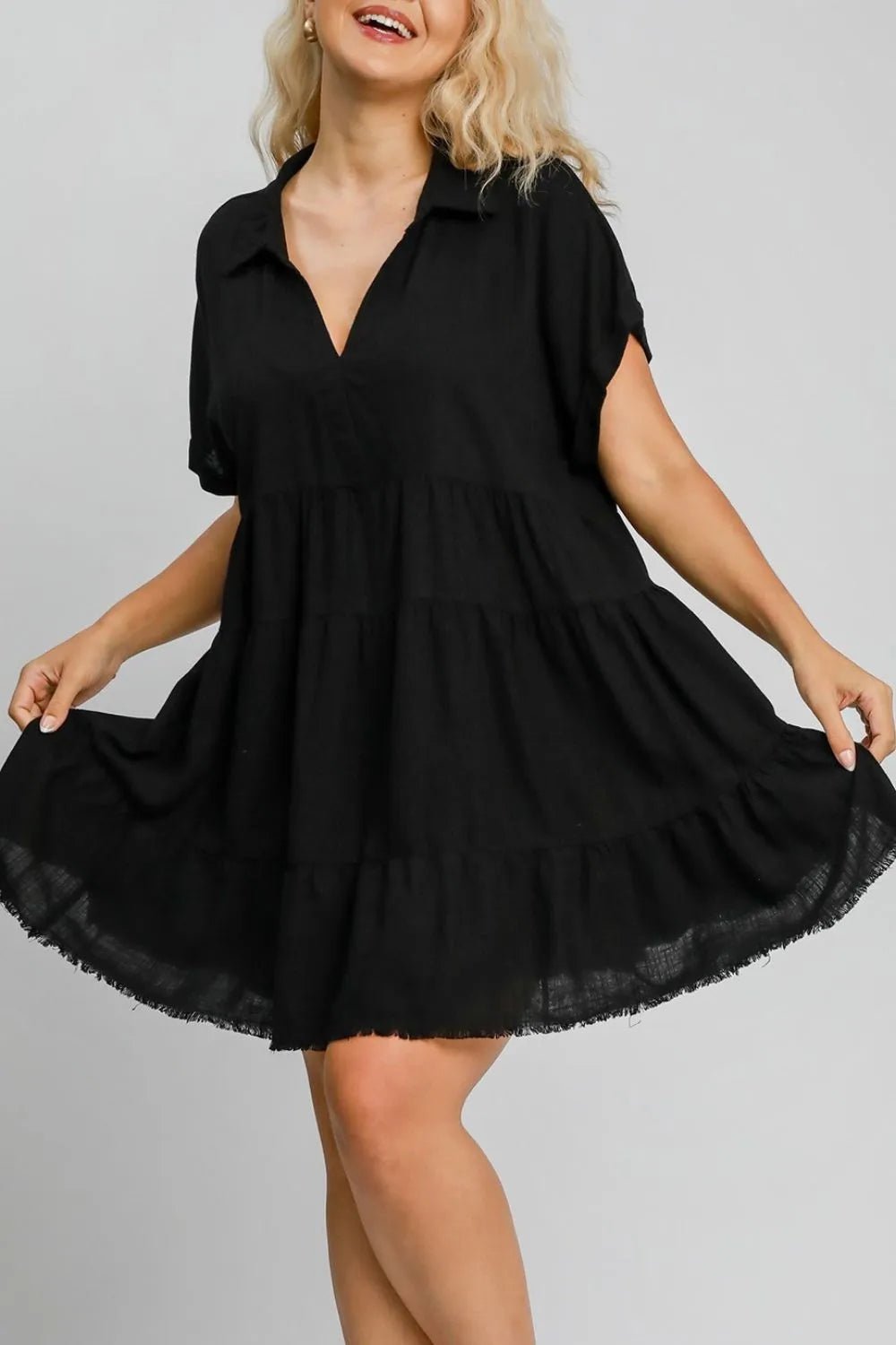 Umgee Full Size Raw Hem Folded Sleeve Tiered Dress Plus Size - Nikki &amp; Co. Boutique