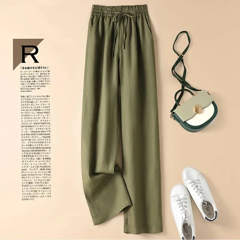 Cotton Linen Casual Wide Leg Pants Women's Summer Fashin Elastic Waist Solid Color Simple Basic Straight Trouser Female Clothes