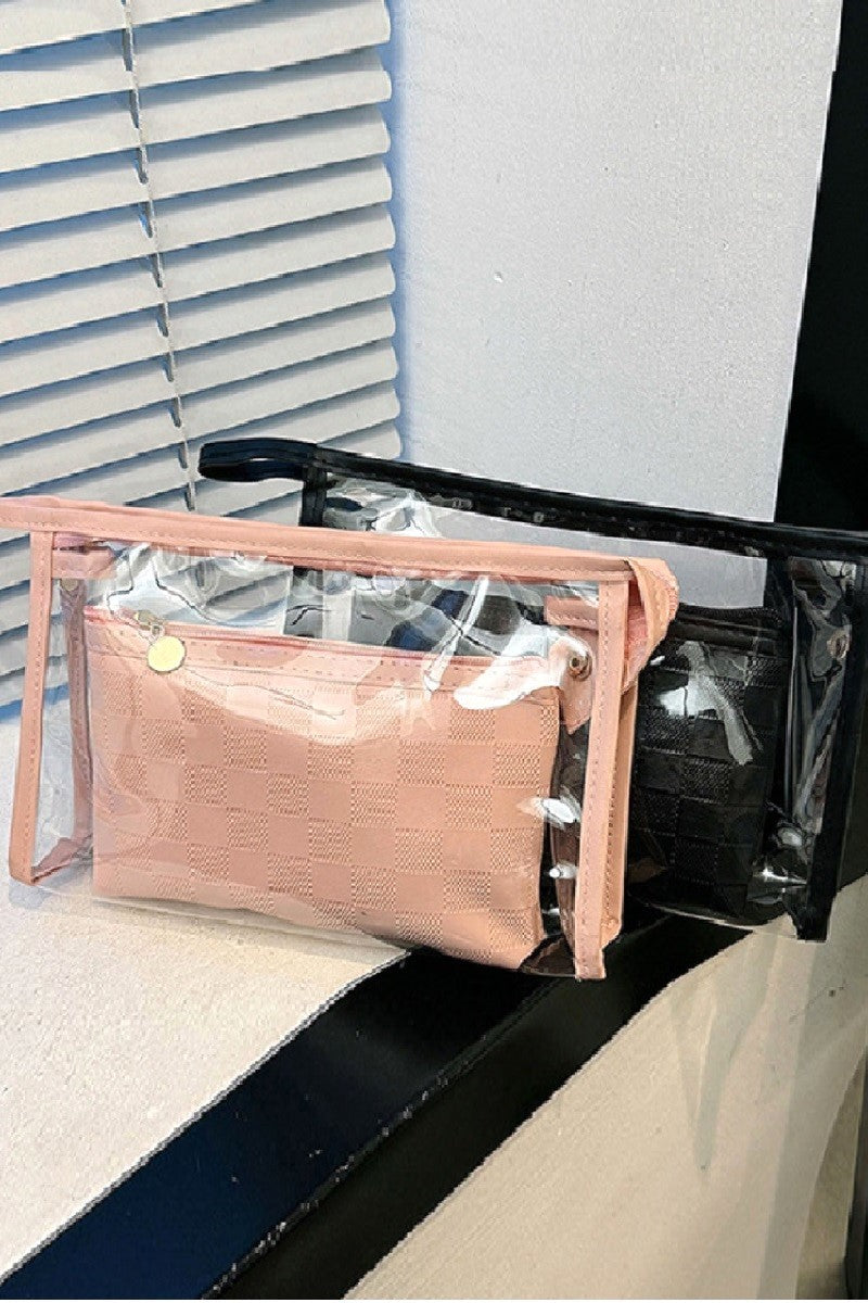 Clear large make up bag with color outline and smaller matching colored second bag