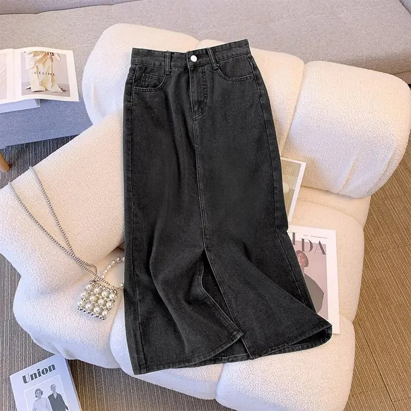 Wrap Women's Denim Skirt Blue Tight Female Jeans Skirts with Slit Luxury Elegant Stylish Premium Summer Modest Vintage Chic
