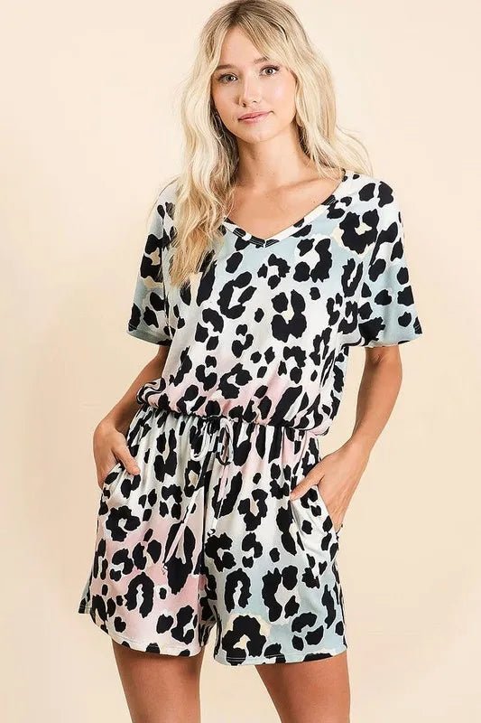 BiBi Gradation Leopard Soft Knit V-neck Romper | Nikki &amp; Co. Boutique