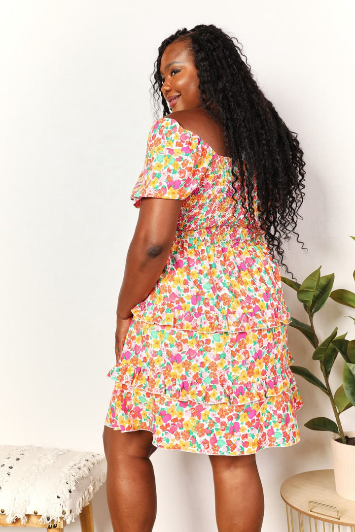 Devine Smocked Sweetheart Neck Flounce Sleeve Mini Dress in Strawberry - Nikki &amp; Co. Boutique