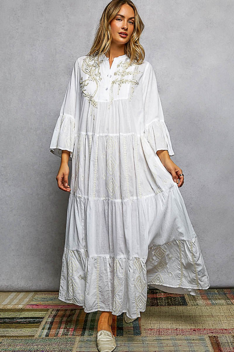 POL Embroidered Floral Tiered Maxi Dress in Ivory - Nikki &amp; Co. Boutique