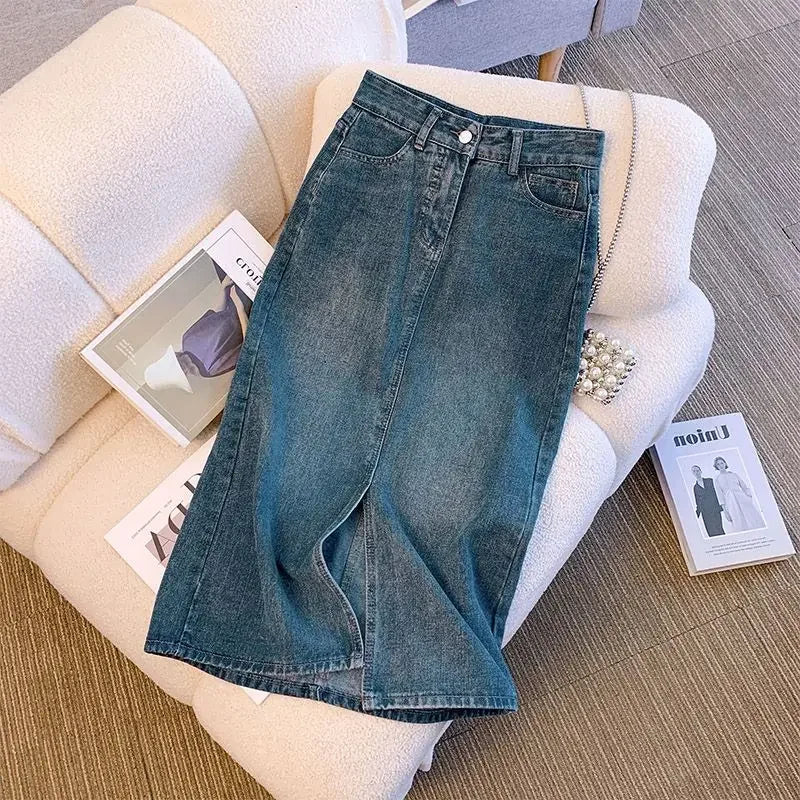 Wrap Women's Denim Skirt Blue Tight Female Jeans Skirts with Slit Luxury Elegant Stylish Premium Summer Modest Vintage Chic