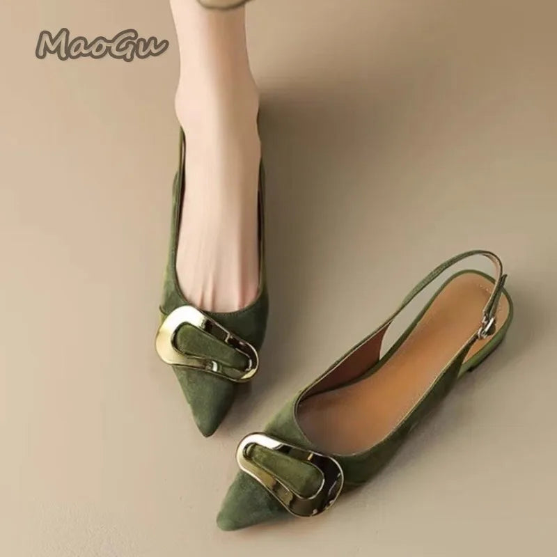 Suede Women Shoes Pointed Toe Fashion Sandals Summer Slingback Dress Shoes Casual Slip on Pumps Low Heel Chaussure Femme