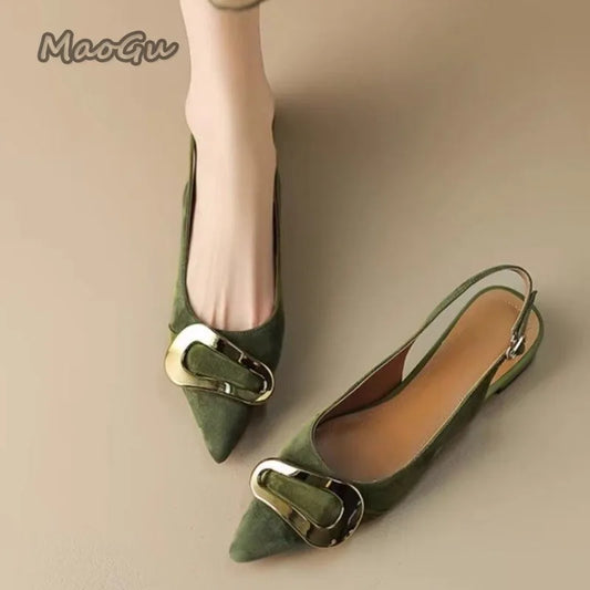 Suede Women Shoes Pointed Toe Fashion Sandals Summer Slingback Dress Shoes Casual Slip on Pumps Low Heel Chaussure Femme