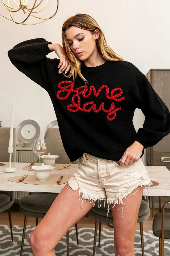 BiBi Game Day Metallic Letter Sweater | Black &amp; Red - Nikki &amp; Co. Boutique