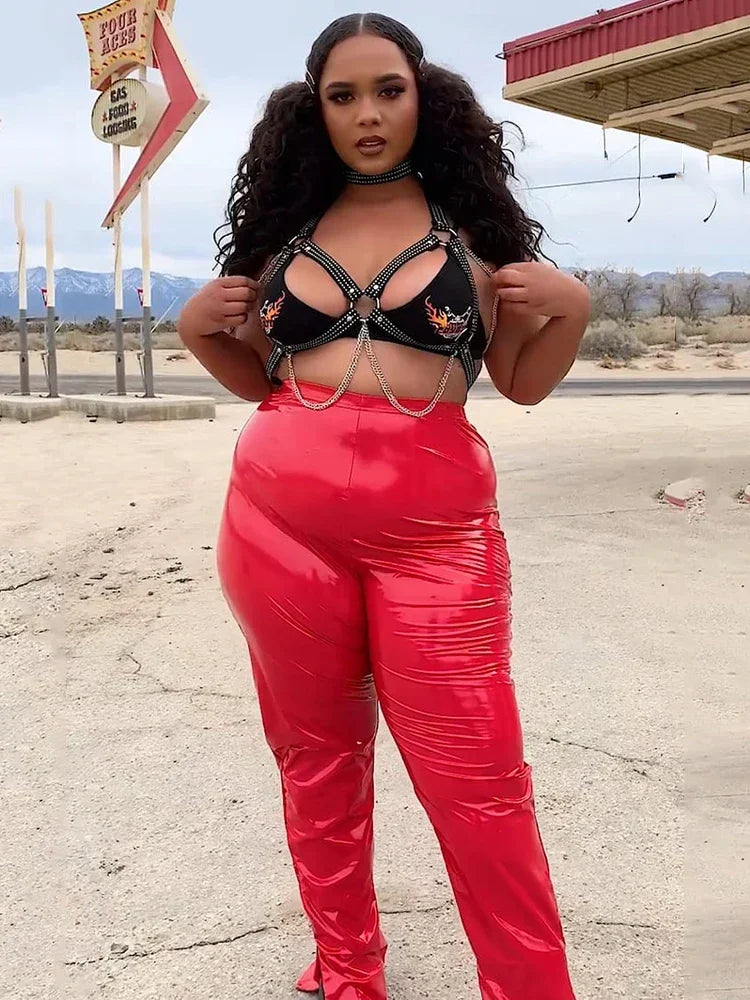 plus Size High Waist Faux Latex Pencil Pants Women Shiny PVC Leather Leggings Stretchy 6XL 7XL Custom Hem Split Trousers