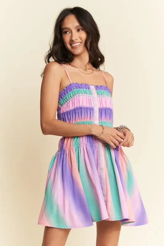 Davi &amp; Dani Multi Color Ombre Printed Bodice Button Up Dress in Purple Multi - Nikki &amp; Co. Boutique