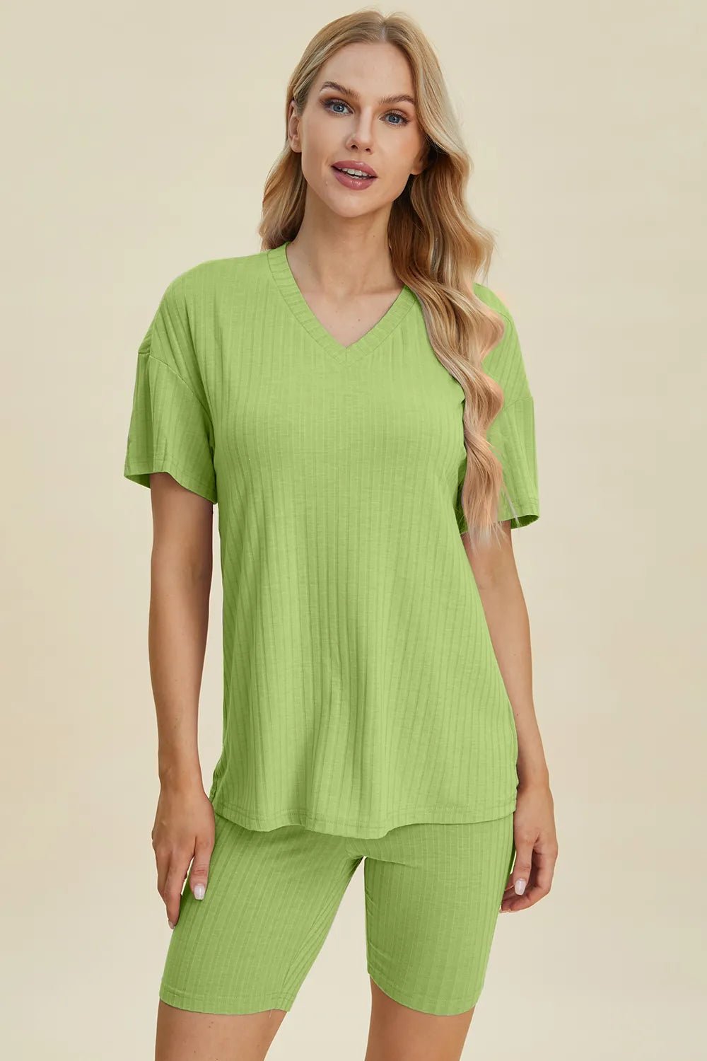 Basic Bae Full Size Ribbed V-Neck Shorts Sleeve Tops and Shorts Sets | Nikki &amp; Co. Boutique