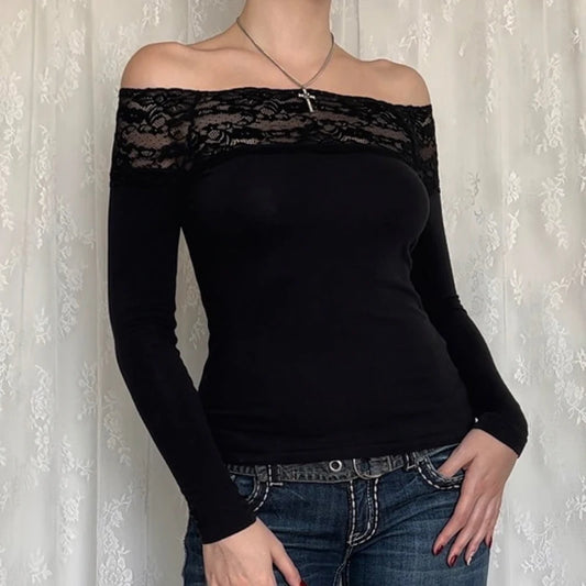 CIBBAR Black Lace Stitched Slash Neck Crop Top Elegant Sexy Skinny Long Sleeve T Shirts for Women Harajuku Y2k Spring Tees Basic