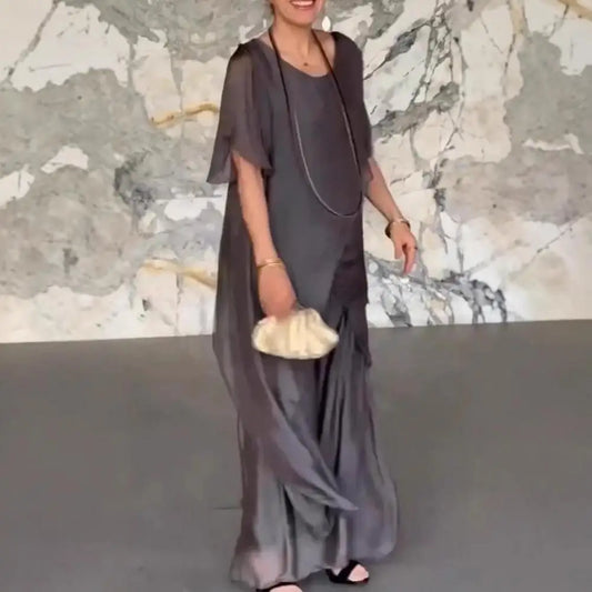 2Pcs/Set Vintage Women Outfit Round Neck Long Sleeve Irregular Hem Tops Elastic Waist Long Pants Set Casual Solid Color Outfit