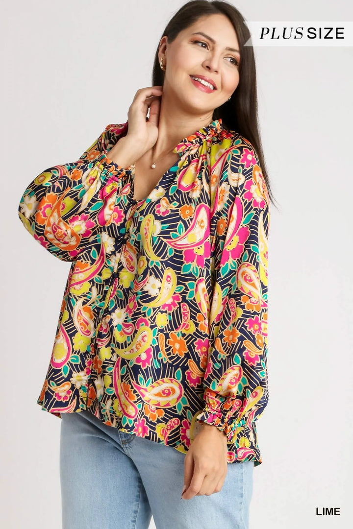 Umgee Full Size Satin Paisley Ruffle Neck Button-Up Shirt Plus Size - Nikki &amp; Co. Boutique
