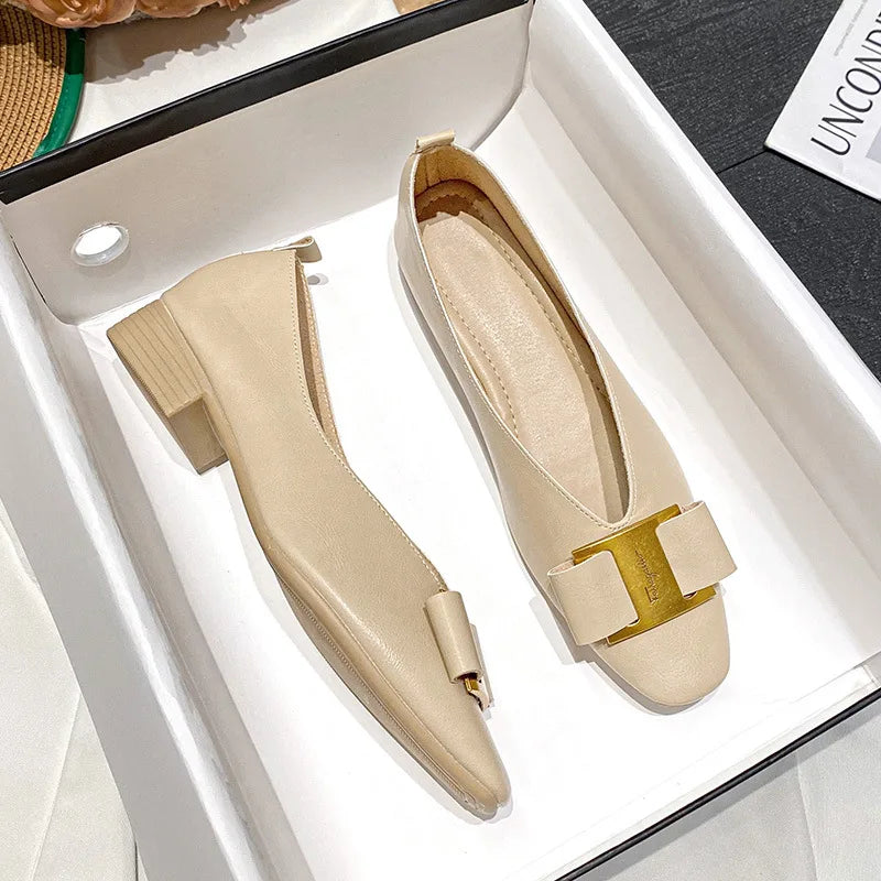 Women's Single Shoes Summer New Low Heel Square Head Metal Decorative Oxford Shoes Fashion Comfortable Soft Soled Leather Shoes