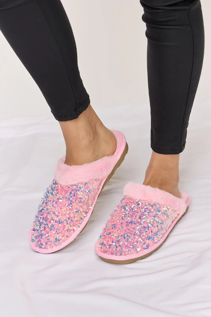 Forever Link Sequin Plush Round Toe Slippers in Pink - Nikki &amp; Co. Boutique