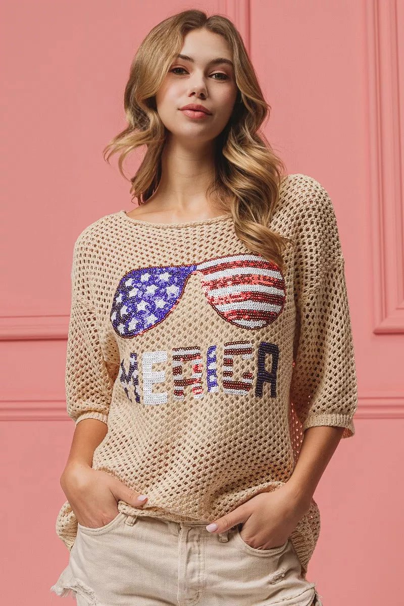BiBi Sequin American Flag Sunglasses Knit Cover Up | Nikki &amp; Co. Boutique
