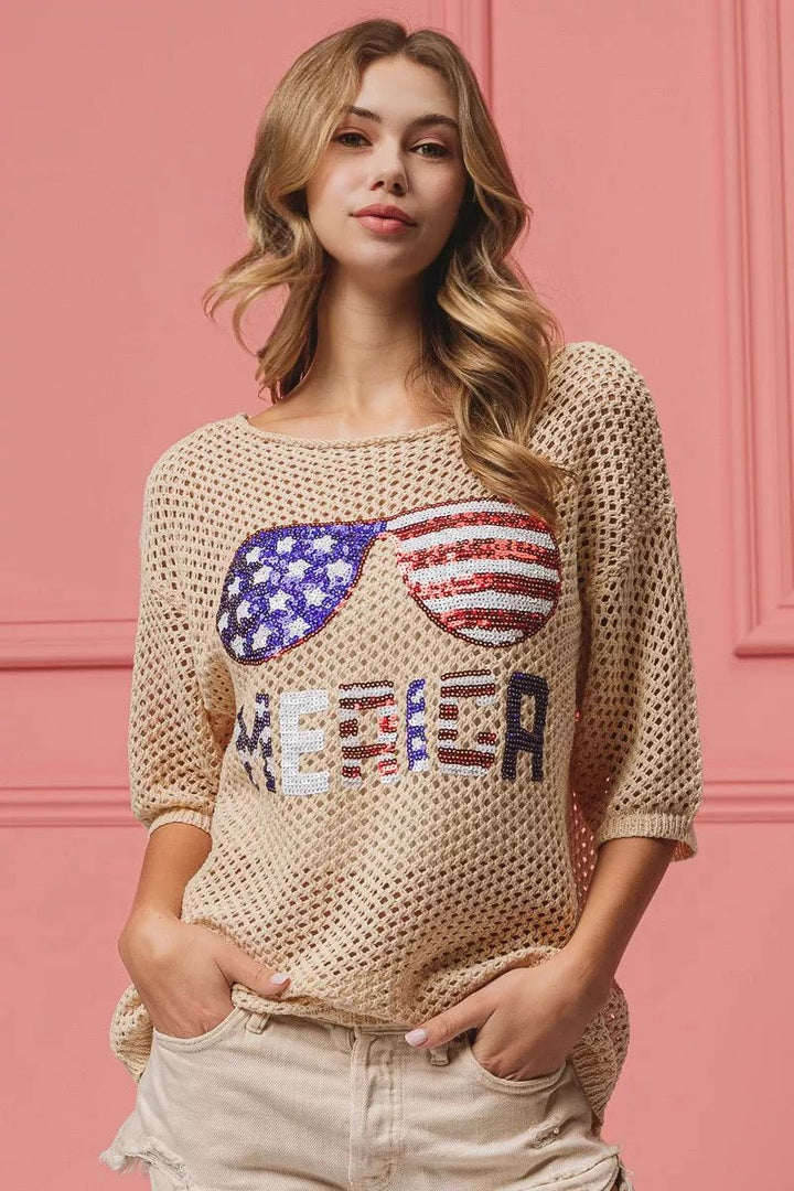 BiBi Sequin American Flag Sunglasses Knit Cover Up | Nikki &amp; Co. Boutique