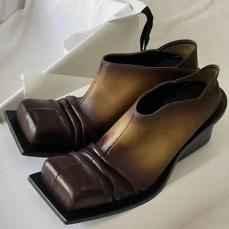 Retro Color Matching Square Toe Chunky Heel Leather Shoes Woman Slip On Pleated High Heel Muller Shoes for Women Pink Brown