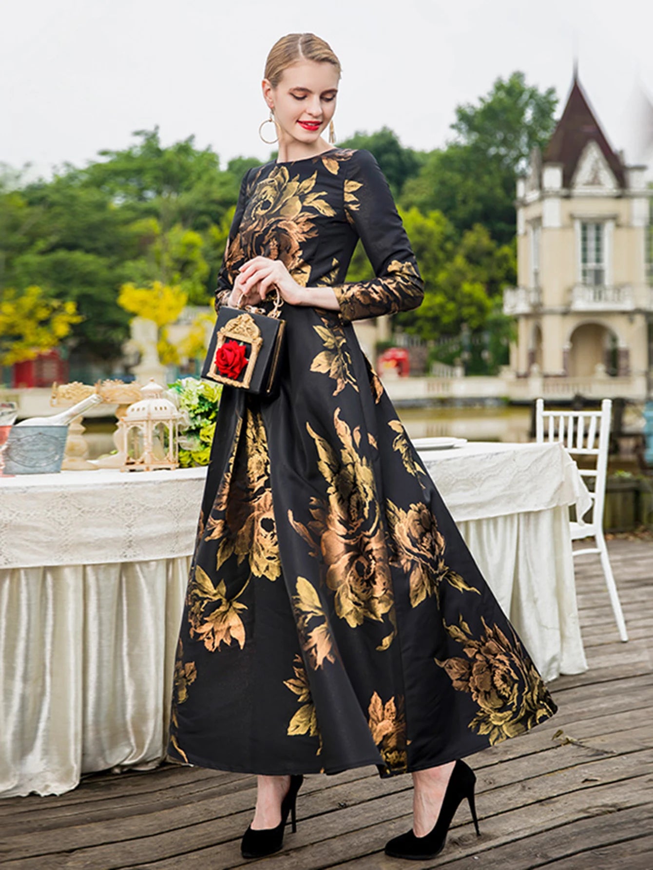 Elegant Female Long Maxi Jacquard Dress Pretty Dresses Women Evening Floral Vintage Ladis Party Fall Winter Clothes