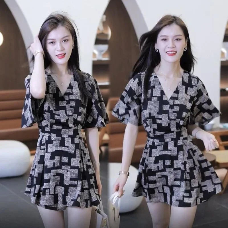 Women's Fashion Print Suit Summer New Western-style Long Tops Shirts And Shorts Two Piece Sets For Women Plus Size Clothing