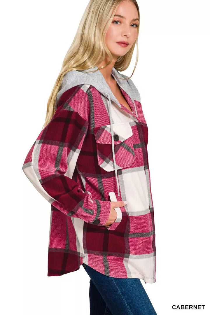 Zenana Plaid Hooded Fleece Shacket | Cabernet - Nikki &amp; Co. Boutique