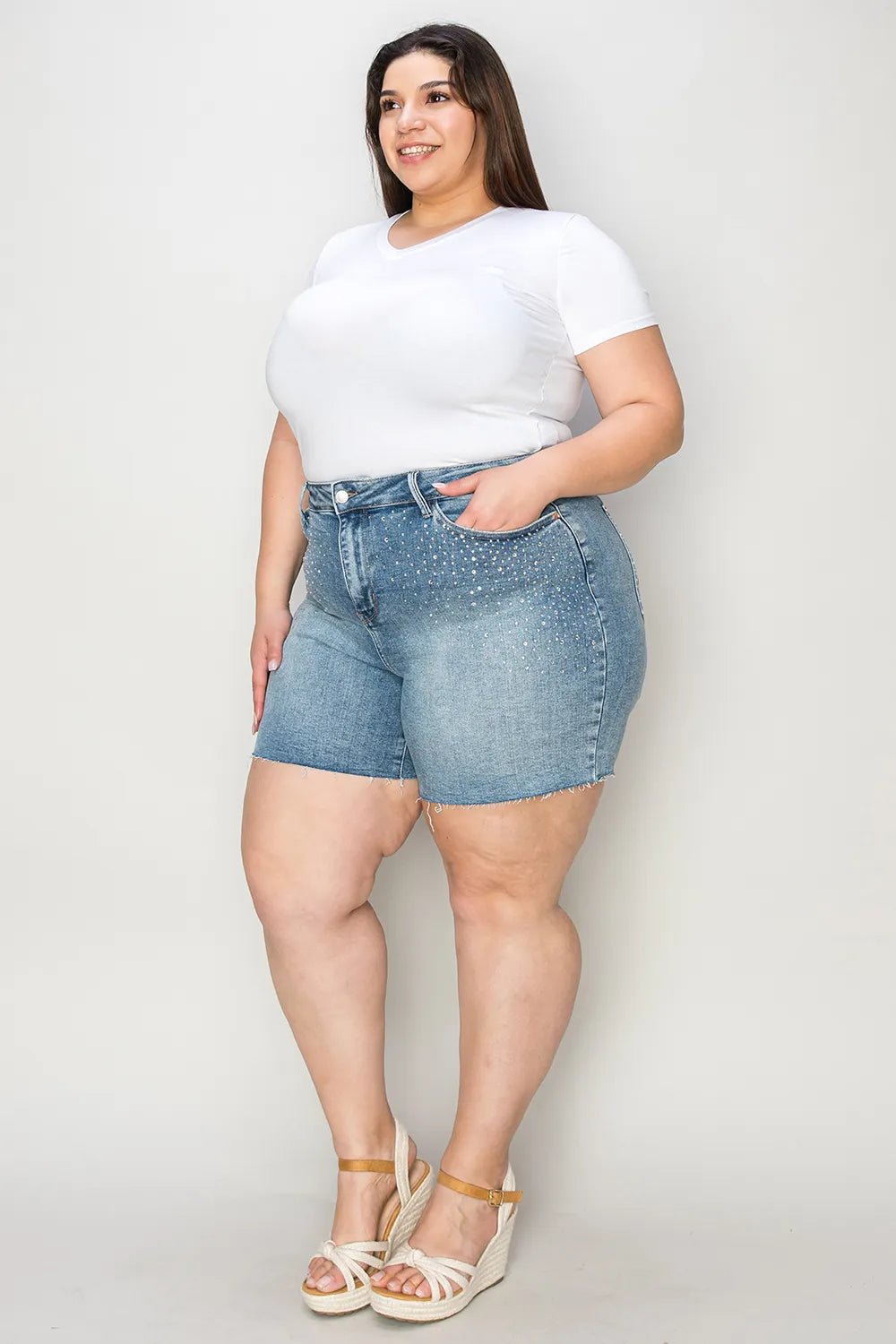 Judy Blue Full Size High Waist Rhinestone Decor Denim Shorts in Light Wash - Nikki &amp; Co. Boutique