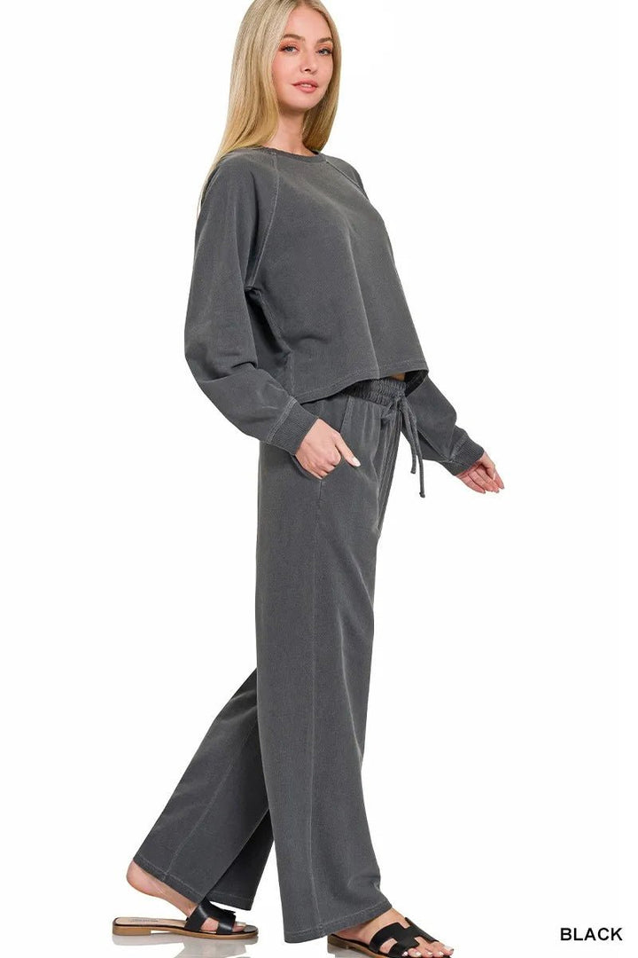 Zenana Washed French Terry Round Neck Pullover &amp; Pants Set - Nikki &amp; Co. Boutique