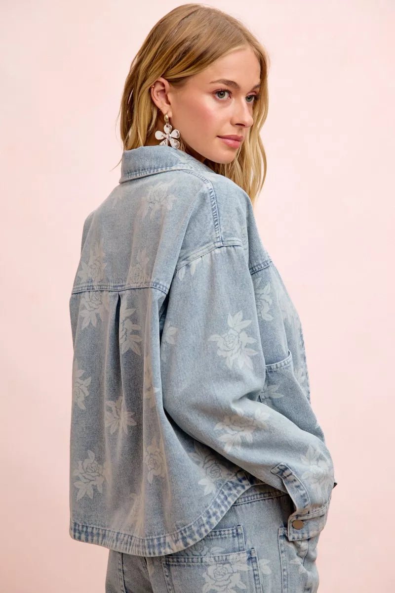 BiBi Printed Washed Denim Jacket With Pocket - Nikki &amp; Co. Boutique